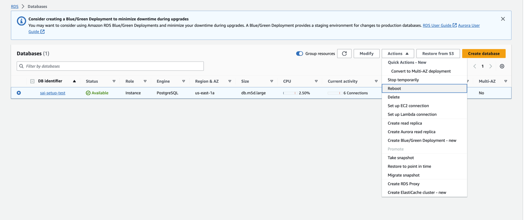 Перезагрузка RDS Postgres